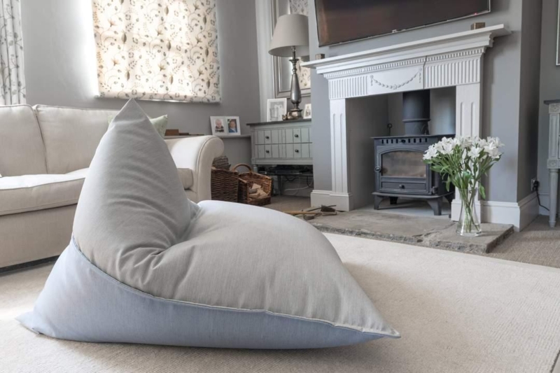 Bean Bag Chair, Two-Tone Light Grey and Ice Blue Triangular Back with Seams