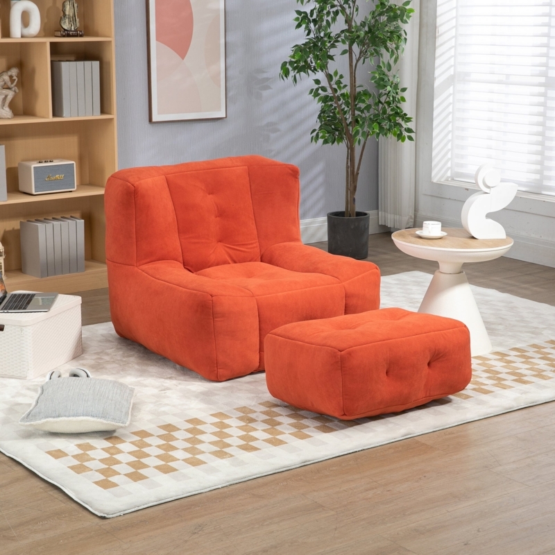 Bean Bag Chair Vibrant Orange Tufted Fabric With Matching Ottoman