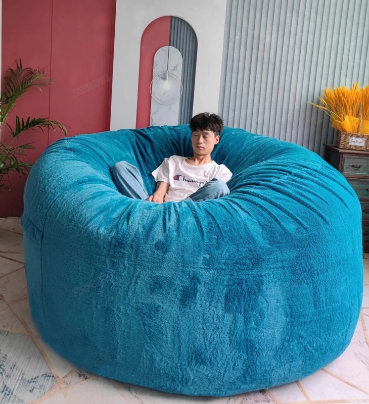 Bean Bag Chair: Vibrant Teal Blue Faux Fur, Ribbed Shaggy Texture Plush