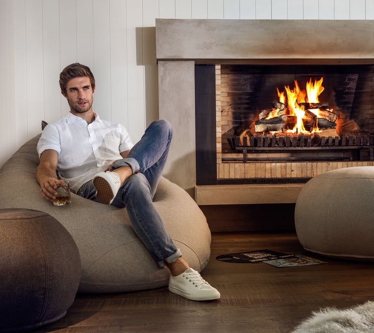 Bean Bag Chair, Warm Beige Upholstered Fabric, Oversized Slouchy Silhouette