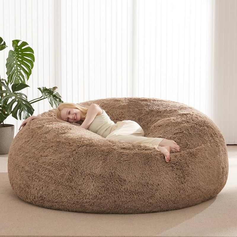 Bean Bag Chair Warm Khaki High Pile Shaggy Faux Fur Floor Seat