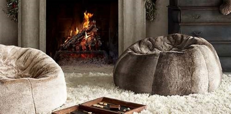 Bean Bag Chair, Warm Taupe Faux Fur Oversized, Paneled Construction