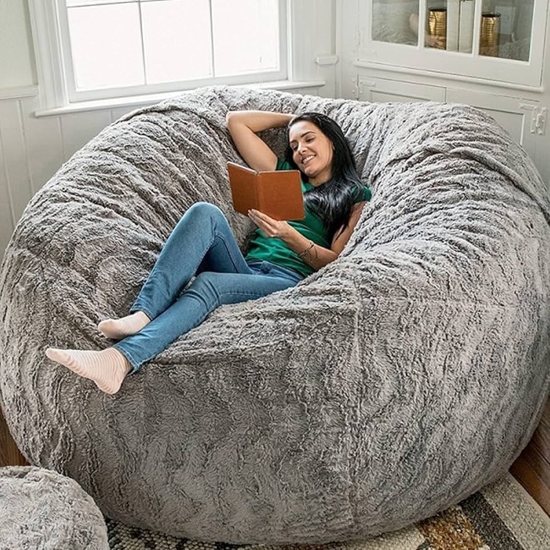 Bean Bag Couch: Grey Shaggy Texture, Giant Plush Floor Sofa Seating.