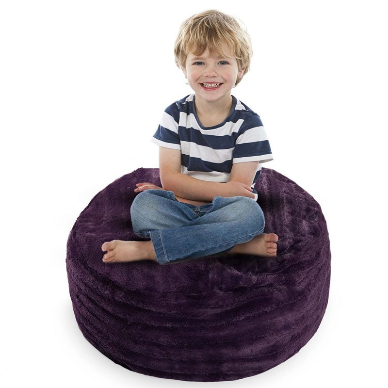 Bean Bag Deep Purple Ridged Faux Fur Stuffed Animal Storage Seat
