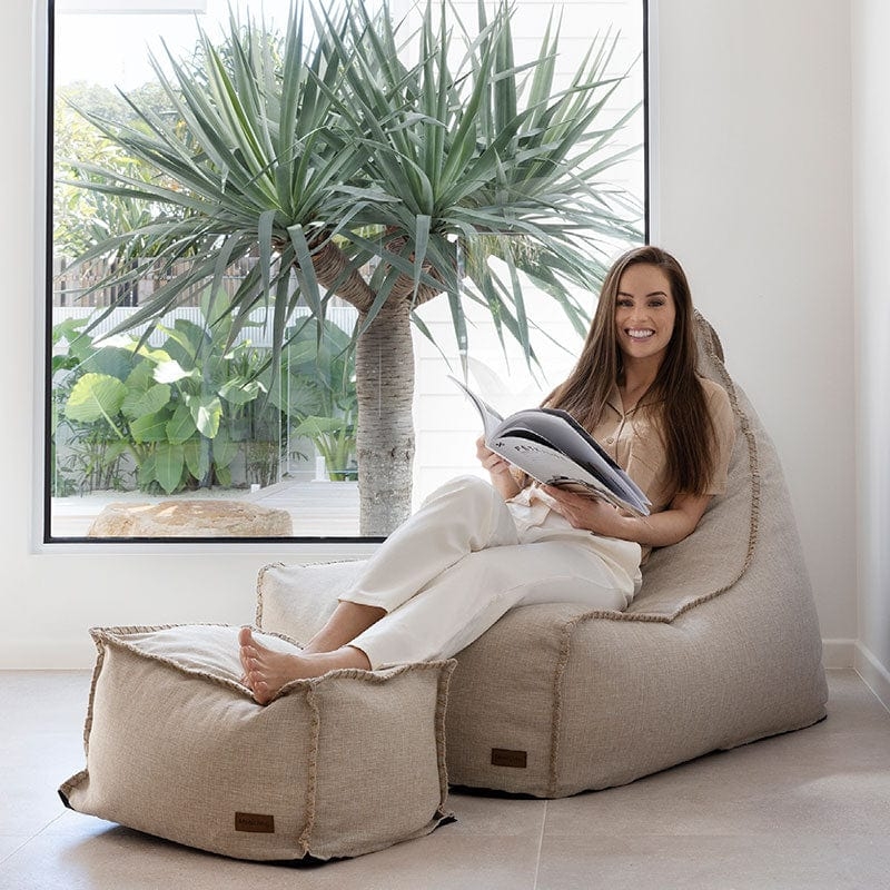 Bean Bag Lounge Set Oatmeal Woven Frayed Edges Ottoman