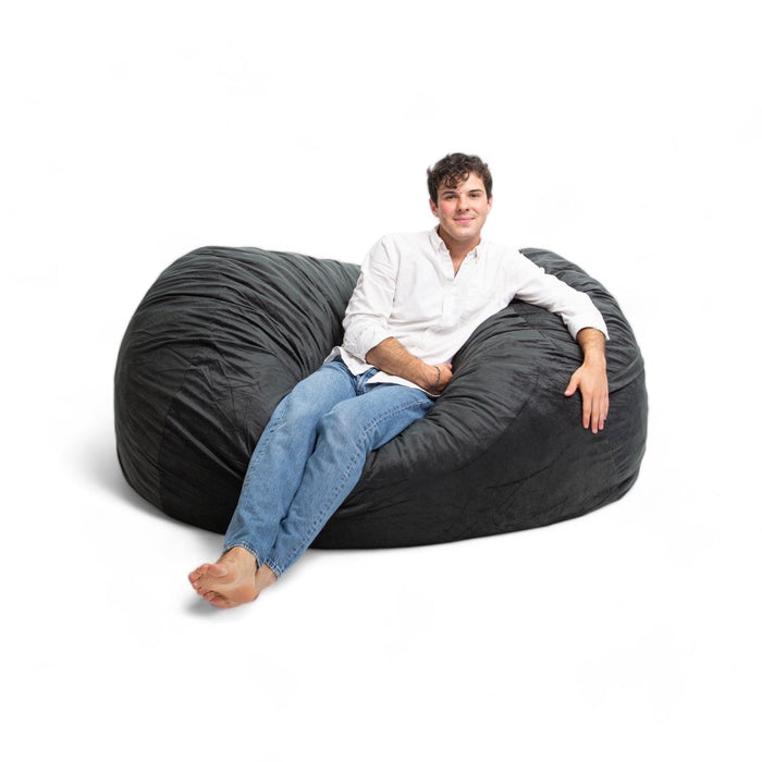 Bean Bag Lounger, Charcoal Gray Plush Upholstery, Oval Shape Gathered Fabric