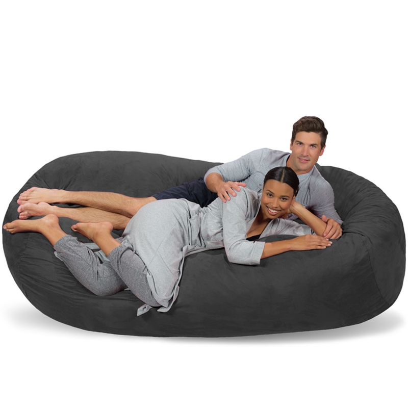 Bean Bag Lounger: Charcoal Matte Finish, Elongated Oval Silhouette.