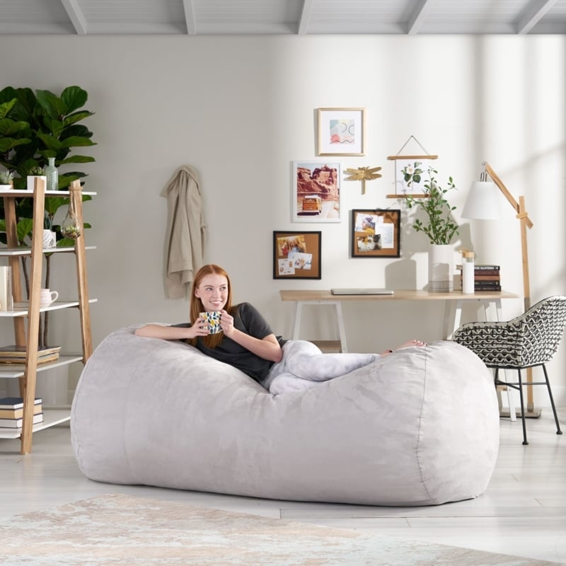 Bean Bag Lounger: Elongated Cylindrical Shape, Modern Upholstered Fabric.