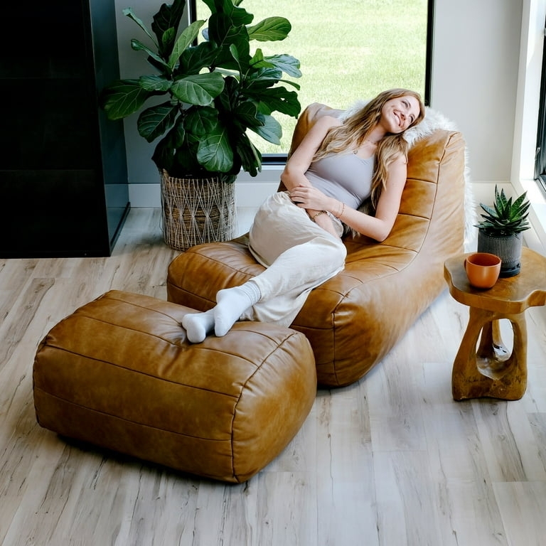 Bean Bag Lounger Matching Ottoman Copper Brown Vegan Leather