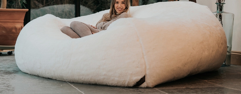 Bean Bag Lounger: Off-White Faux Fur, Deep Seating, XXL Scale.