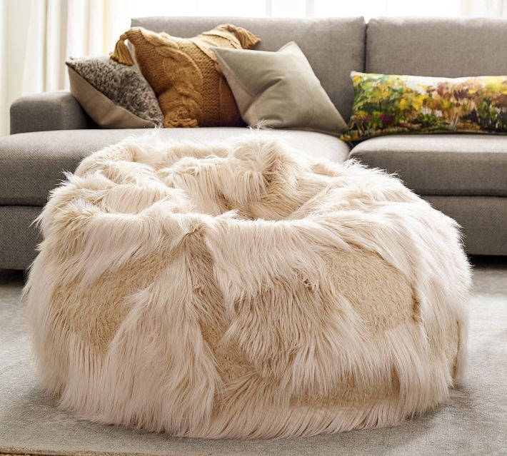 Bean Bag Mongolian Patchwork Faux Fur Cream Shaggy Floor Seat