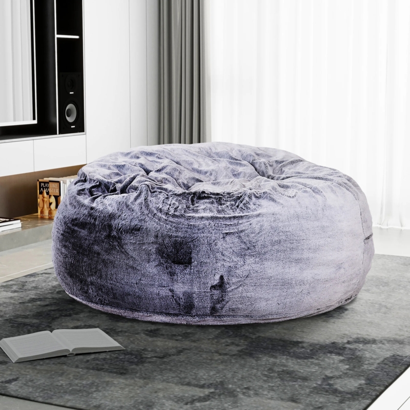 Bean Bag Rabbit Fur Gray Plush Slouchy Crinkled Texture Seat