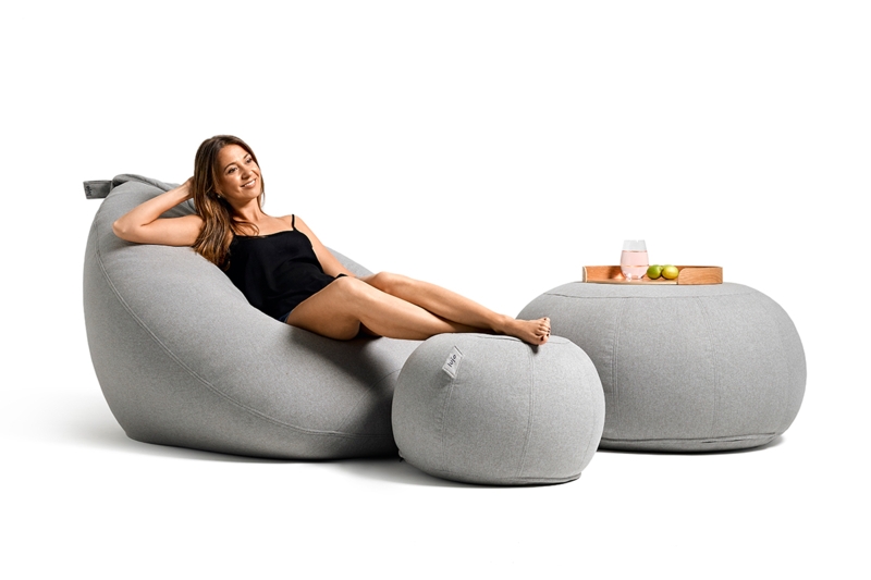 Bean Bag Set, Heathered Gray Ergonomic Curve with Modular Poufs