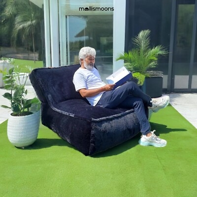 Bean Bag Sofa, Charcoal Black Faux Fur Jumbo Scale, Piped Edges High Back