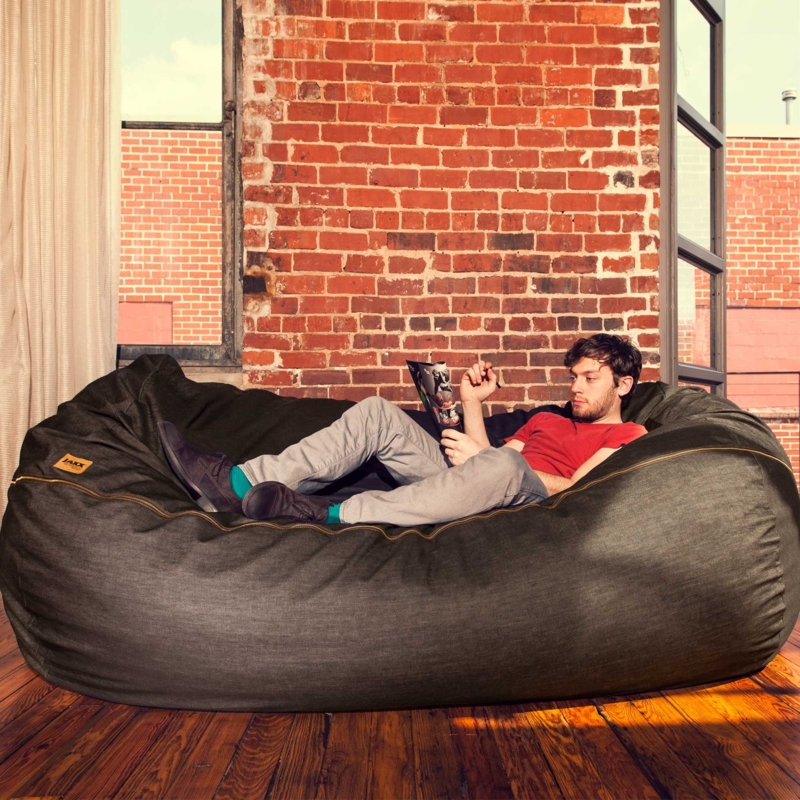 Bean Bag Sofa: Dark Denim Fabric, Contrast Stitching, 7 Foot Scale.