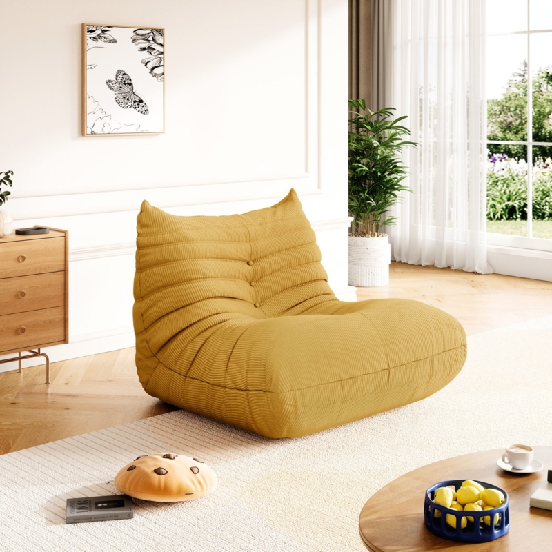 Bean Bag Sofa Mustard Yellow Channeled Tufting Low Profile