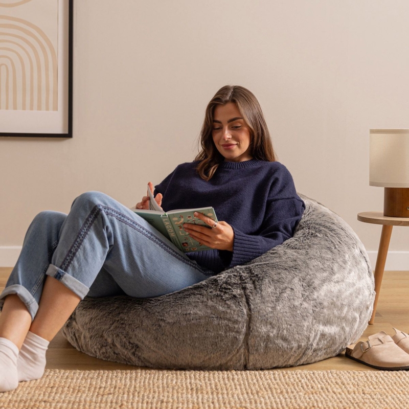 Beanbag Chair, Arctic Grey Shaggy Faux Fur, Plush Circular Silhouette