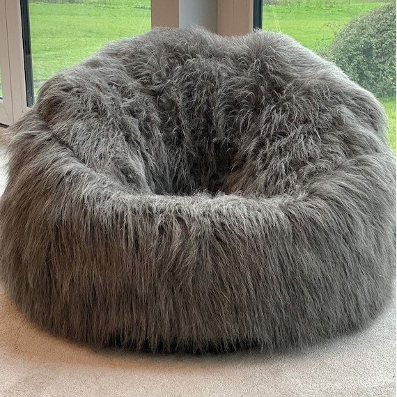 Beanbag Chair Charcoal Grey Shaggy Sunken Seat Lounger