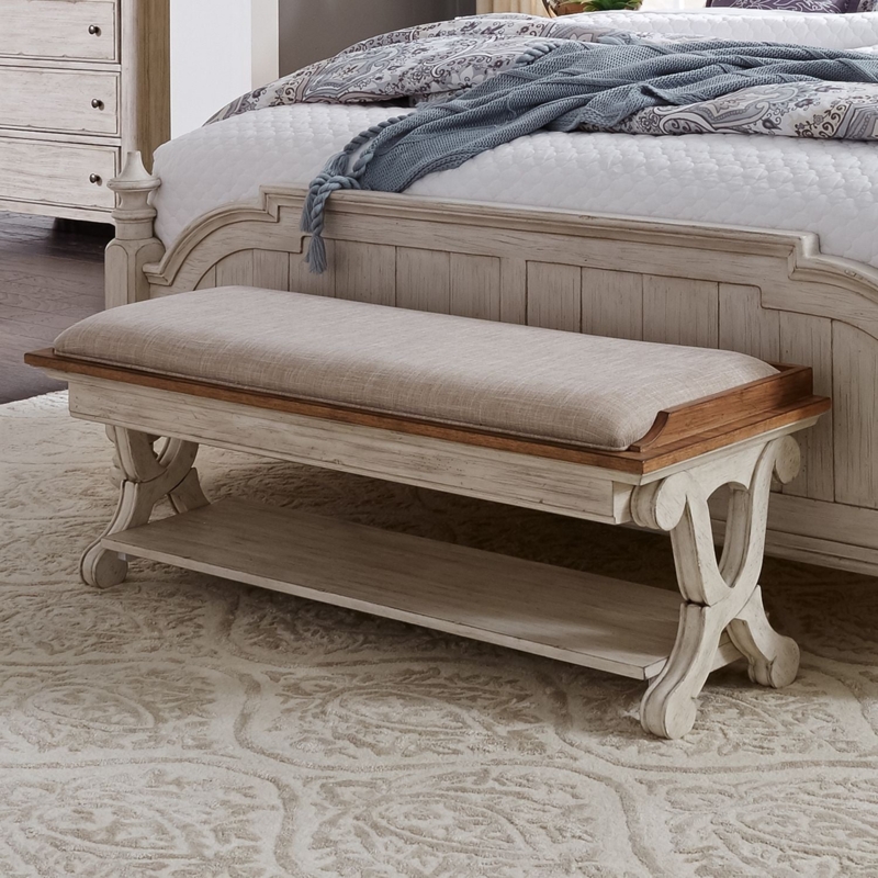 Bed Bench Farmhouse Scrolled Legs, Two-Tone Finish with Open Shelf.