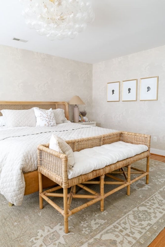 Bed Bench Rattan Wrap Around Frame with Channel Tufted Cushion.