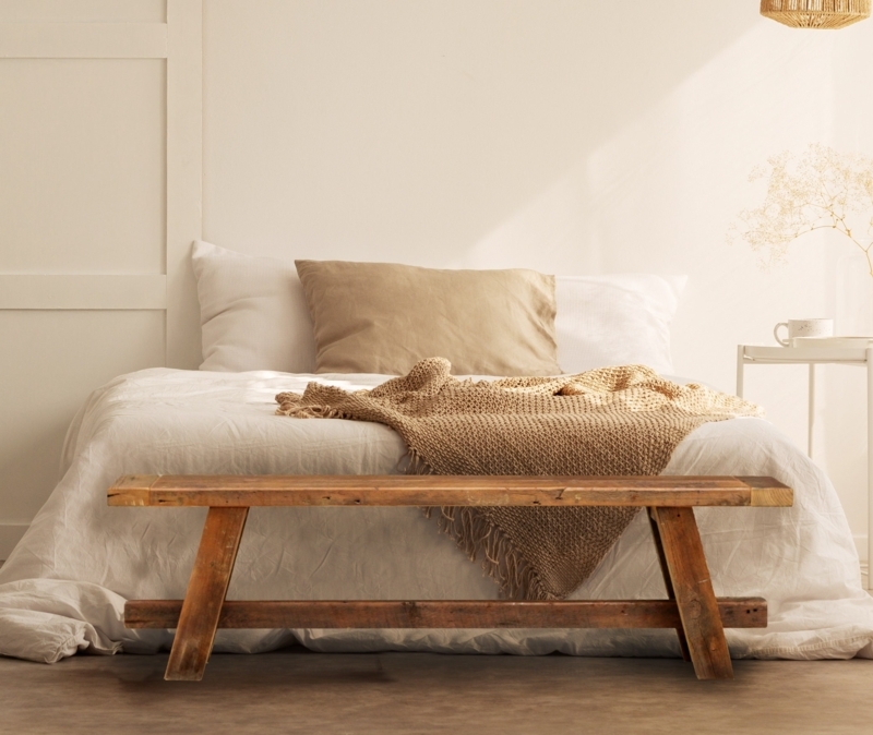 Bed Bench Rustic Distressed Wood with A-Frame Legs and Cross Brace.