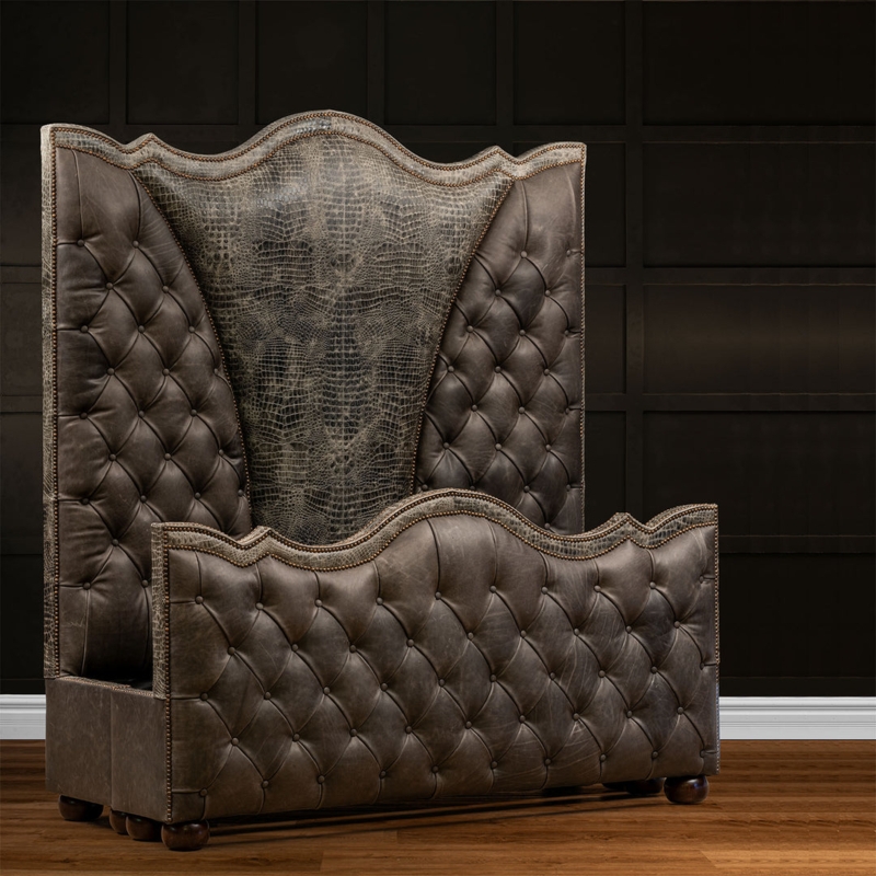 Bed Frame, Alligator Embossed Texture, Scalloped Edge, Western Luxury.