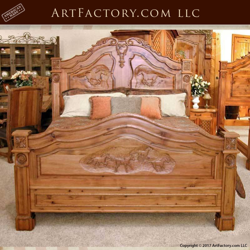 Bed Frame, Hand Carved Equestrian Carvings, Scrolled Crest