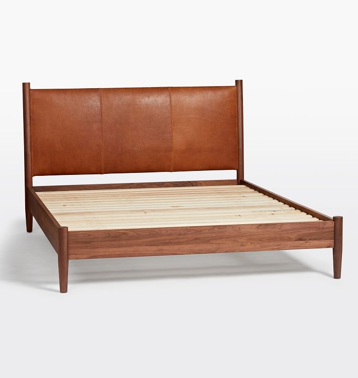Bed Frame, Saddle Leather Headboard, Walnut Wood, Tapered Legs.