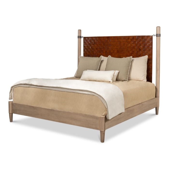 Bed, Woven Leather Panel, Four Poster Frame, Tapered Wood Legs.