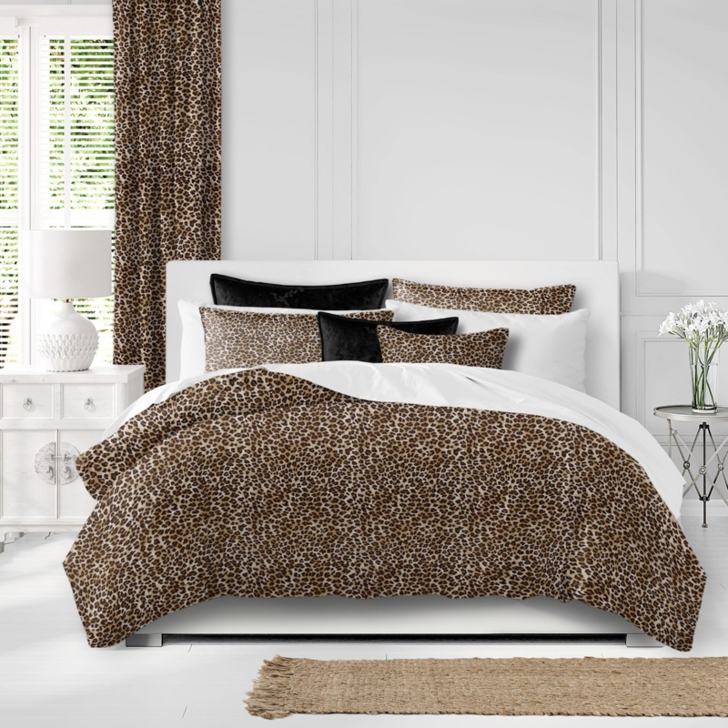 Bedding Set Black and Brown Leopard Print Quilted Matching Curtains