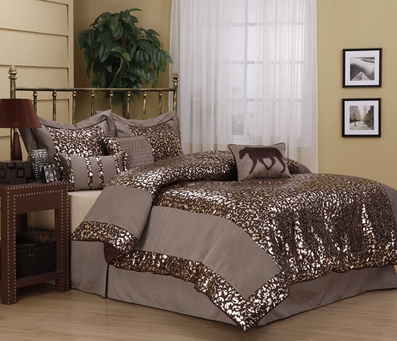 Bedding Set Metallic Leopard Print Mocha Brown Glam Traditional Style
