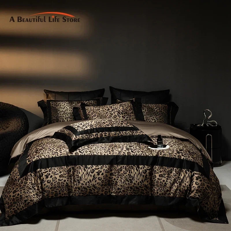 Bedding Set Sateen Weave Leopard Print Black Inset Banding Luxury Duvet
