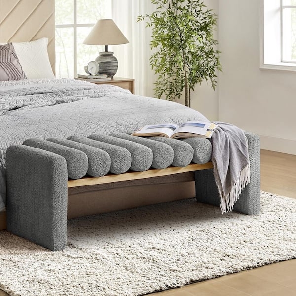 Bedroom Bench Grey Textured Boucle Fabric with Bolster Cushion Seat.