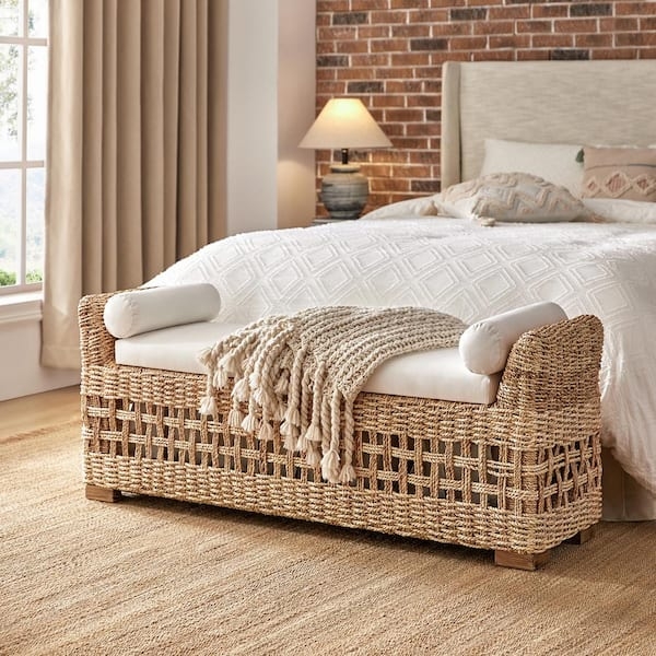 Bedroom Bench Natural Fiber Lattice Weave with Bolster Pillows.