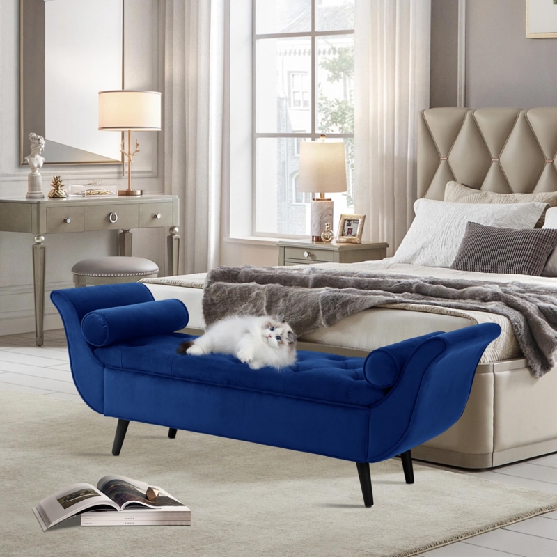 Bedroom Bench Royal Blue Velvet Tufted Seat with Tapered Legs.