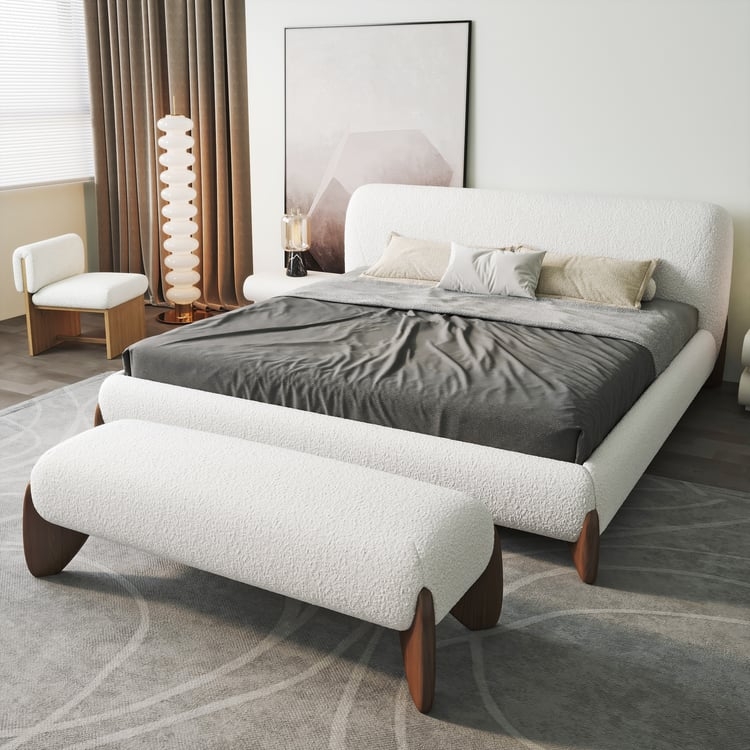 Bedroom Bench White Boucle Upholstery with Tapered Wood Legs.