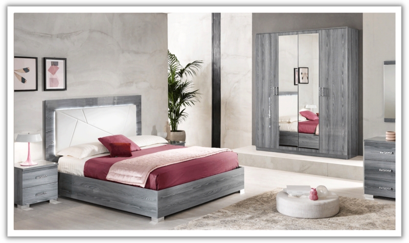 Bedroom Furniture Set: Ash Gray Wood Grain with Geometric Tufting