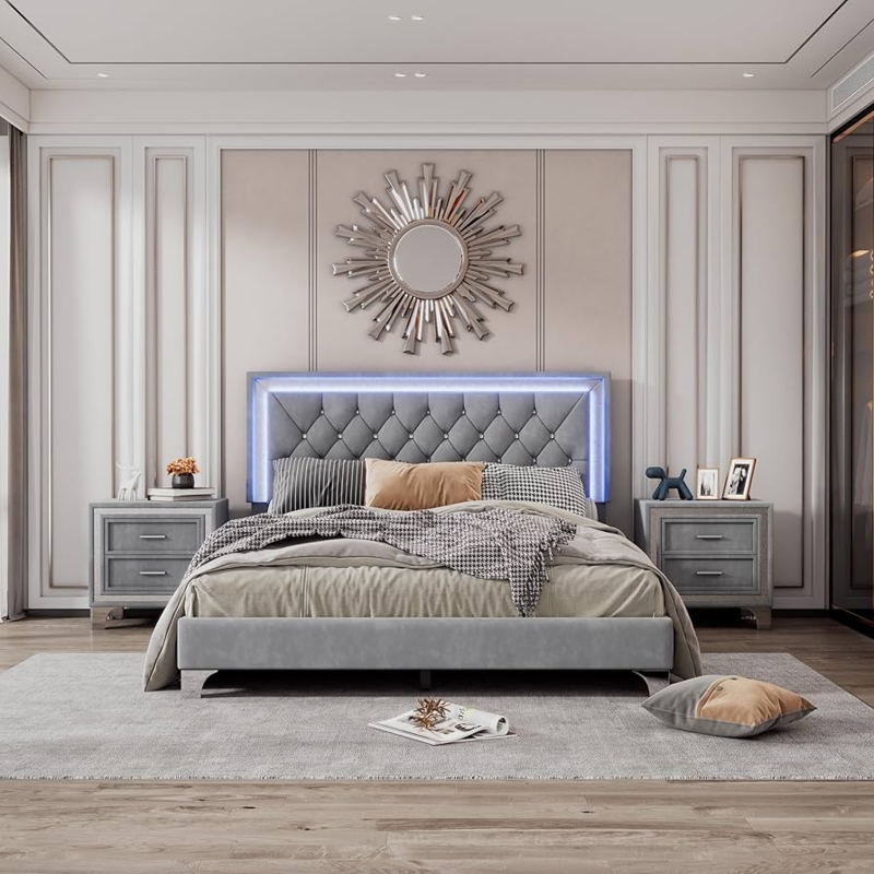 Bedroom Furniture Set: Slate Grey Upholstered with LED Backlighting
