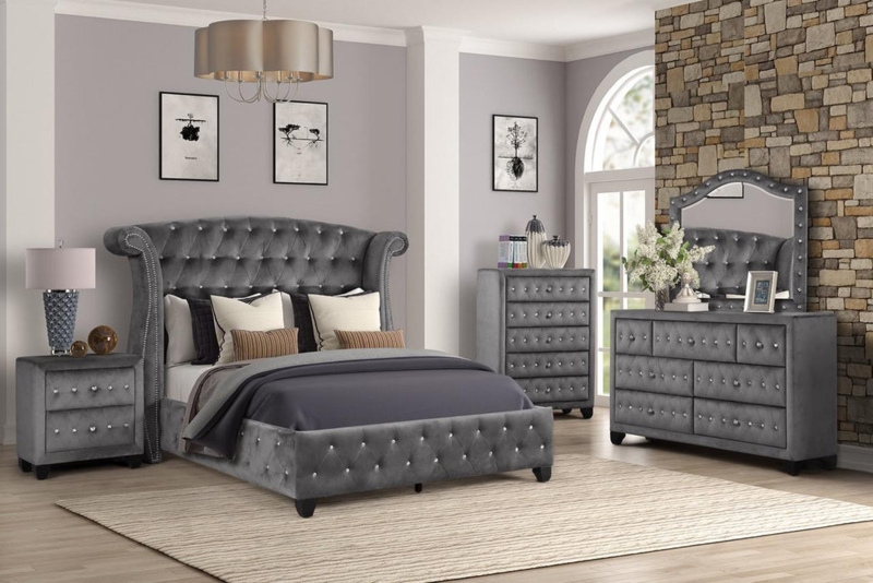Bedroom Furniture Set: Wingback Headboard & Crystal Tufting
