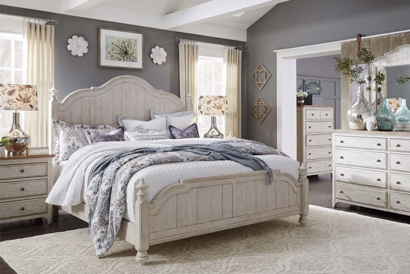 Bedroom Set Arched Planked Headboard Antique White French Country