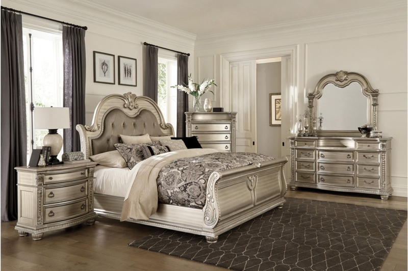 Bedroom Set Champagne Silver Finish Ornate Scrollwork Glam Style