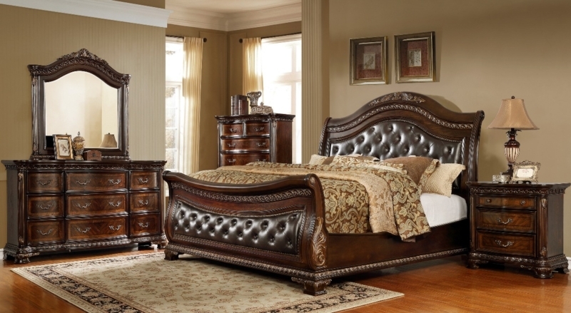 Bedroom Set: Cherry Sleigh Bed with Diamond Tufted Leather-Like Headboard