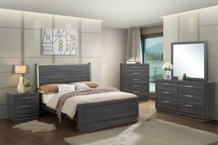 Bedroom Set: Contemporary Wood Grain with Silver Bar Hardware