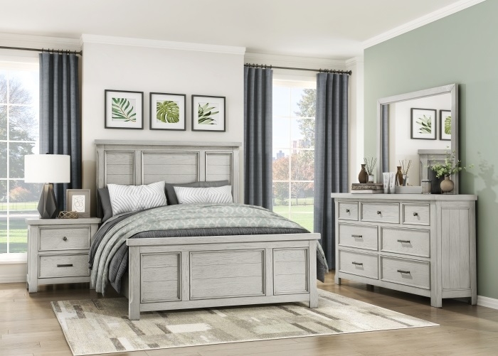 Bedroom Set: Cottage Style Whitewashed Grey with Paneled Wood Accents