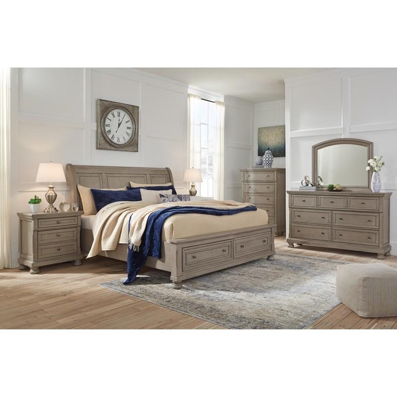 Bedroom Set Footboard Drawers Paneled Details Distressed Gray Finish