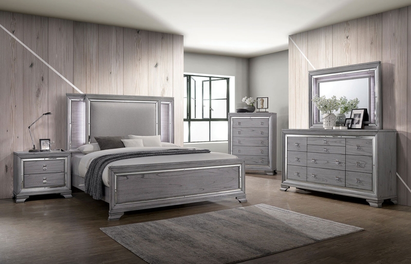 Bedroom Set: Light Grey Wood Grain with Silver Mirrored Accents