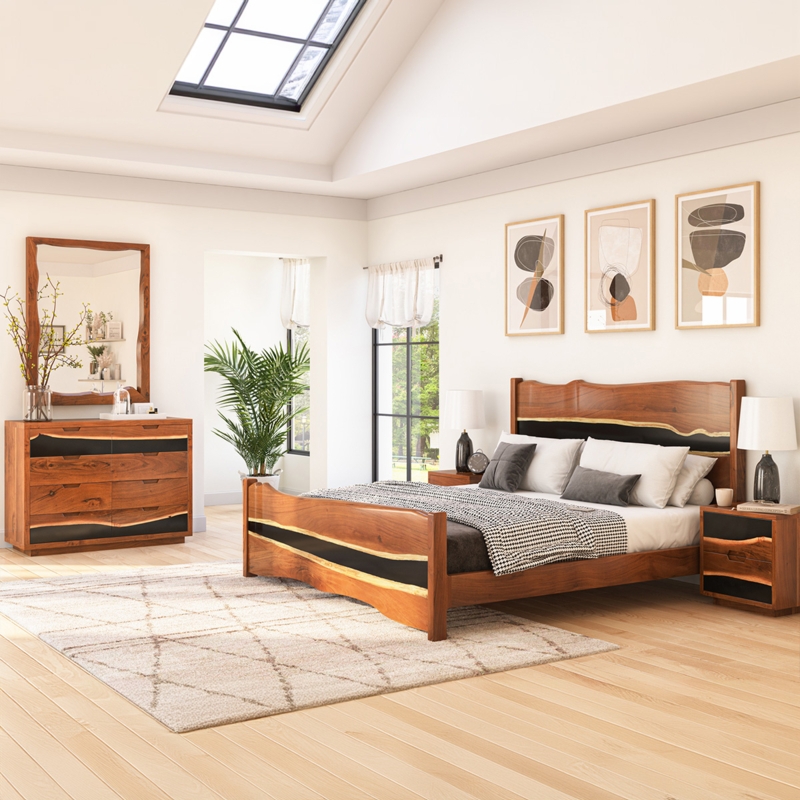 Bedroom Set Live Edge Wood Black Epoxy Accents Modern Organic Style