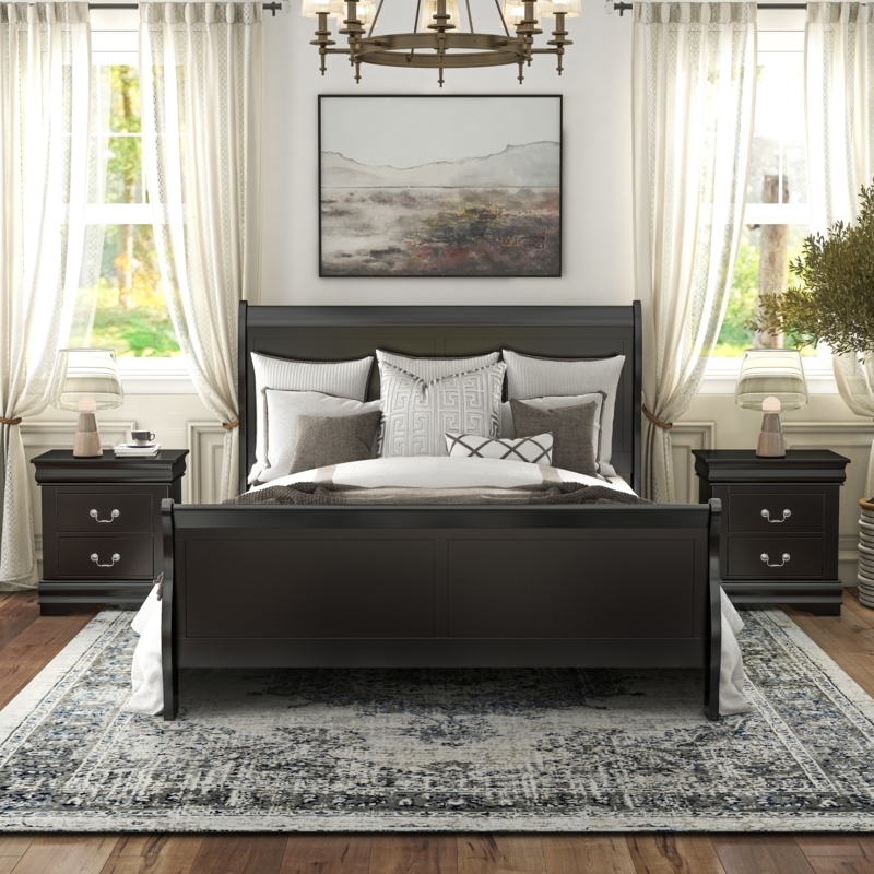 Bedroom Set Matte Black Finish Symmetrical Layout Traditional Style
