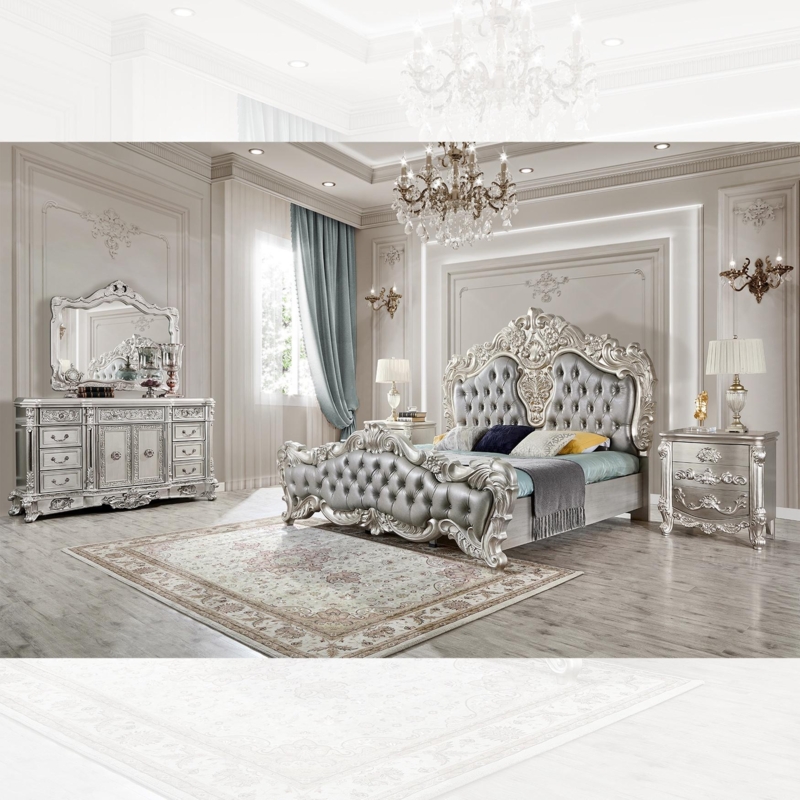 Bedroom Set: Ornate Rococo Revival with Metallic Carvings & Tufting