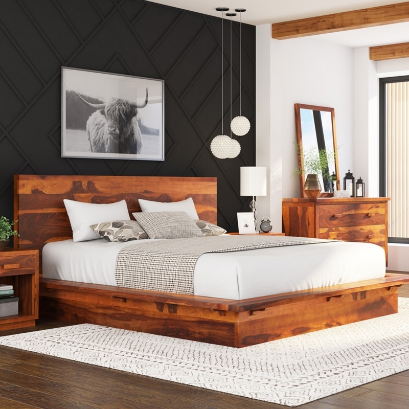 Bedroom Set Platform Base Wide Integrated Headboard Honey Wood